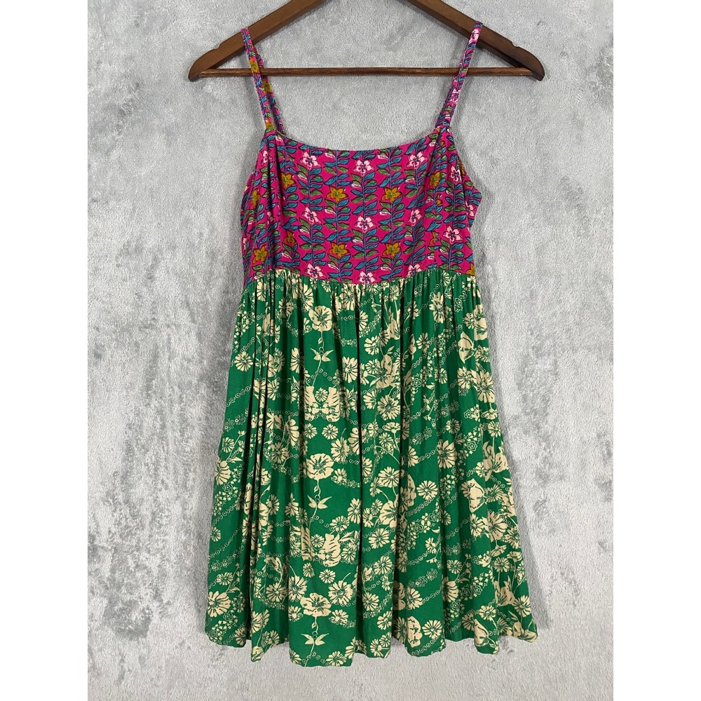 Natural Life Mini Dress Womens M Green Pink Floral Boho Smocked Strappy Pockets